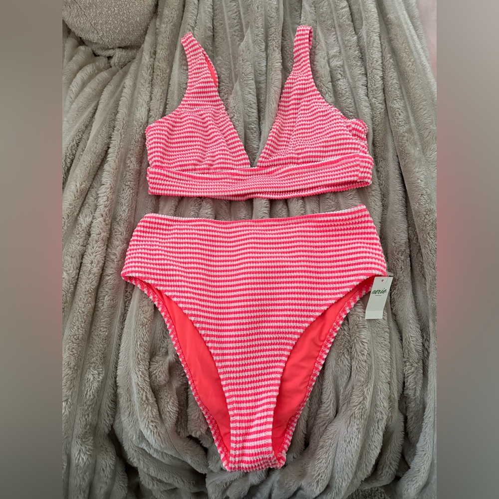 Aerie Pink and White Striped Bikini Set. Brand new, never worn!